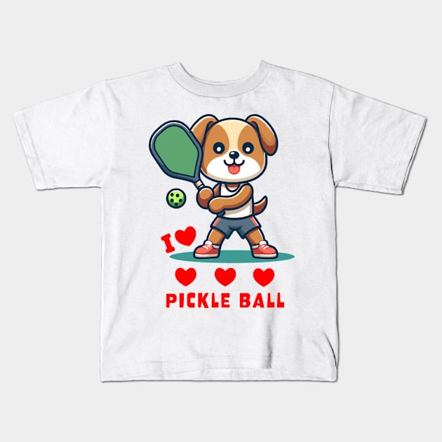 I Love Pickle Ball, Cute Dog playing Pickle Ball, funny graphic t-shirt for lovers of Pickle Ball and Dogs Kids T-Shirt by Cat In Orbit ®